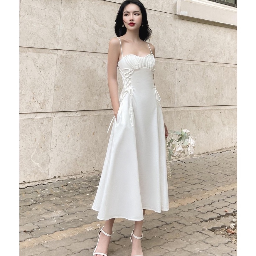 Đầm đi dự tiệc cưới thiết kế hai dây dáng xòe, đan dây xinh xắn