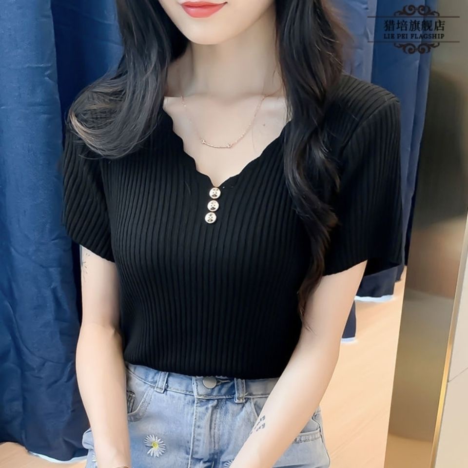 Áo Thun Tay Ngắn Cổ Chữ V Dáng Rộng Cài Nút Chất Lụa Lạnh Co Giãn Phong Cách Hàn Quốc Thời Trang Mùa Hè Cho Nữ a30