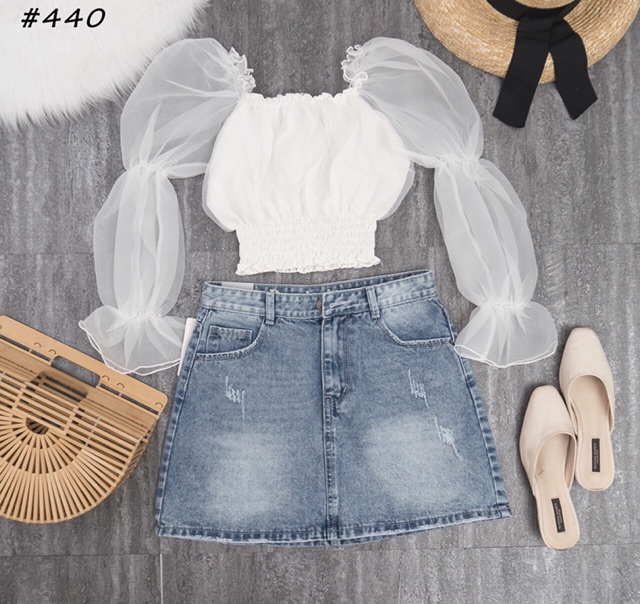 Áo xốp trễ vai tay bồng / Áo crop top Hà Lan Mắt Biếc