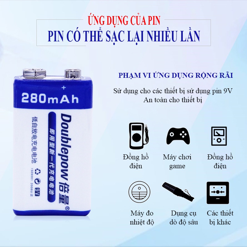 Bộ sạc pin DP-B09 và pin vuông 6F22 9V-280mAh chính hãng Doublepow