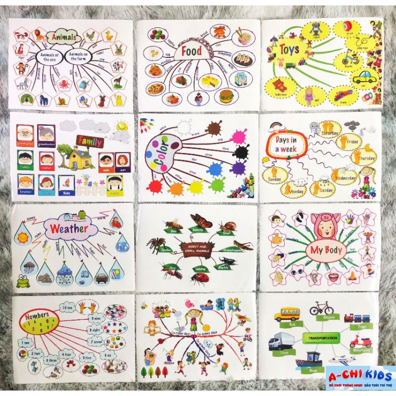 Bộ 11 Tranh Decal Sơ Đồ Tư Duy Tiếng Anh MindMap Nhiều Chủ Đề Khổ A3 Giúp Bé Học Ngoại Ngữ