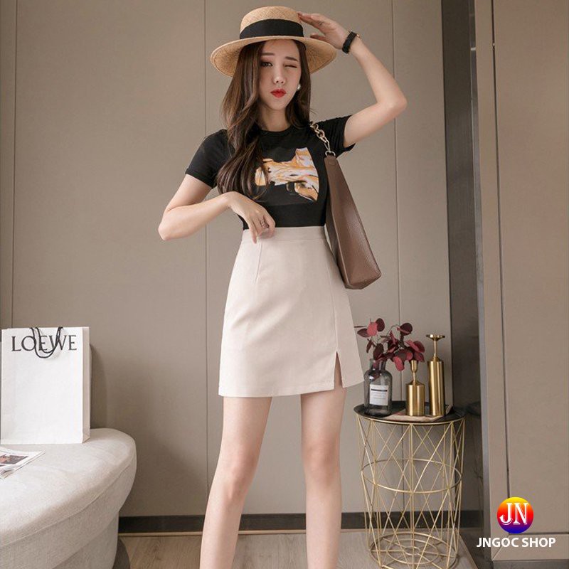 Chân váy ngắn chữ A xẻ trước, Chân váy công sở cạp cao đen trắng xẻ tà trẻ trung | BigBuy360 - bigbuy360.vn