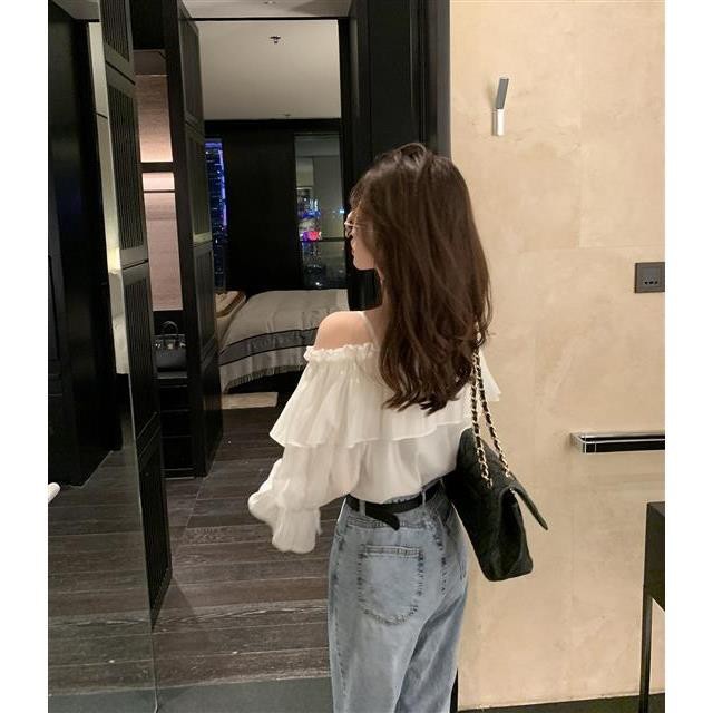 Áo Kiểu Nữ White Off-Shoulder Shirt Women's Flared Long-sleeve Korean Fashion Blouse New