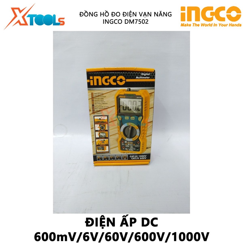 Đồng hồ vạn năng kỹ thuật số INGCO DM7502 | Đồng hồ đo điện vạn năng Màn hình LCD, số đếm 6000 Điện áp DC 600mV/6V/60V/6