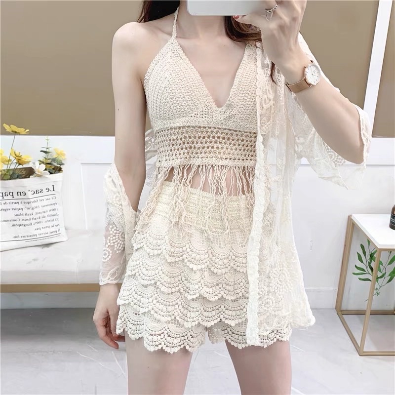 Set biển mới - set 3 món - áo bra tua rua dài + quần ren tầng + choàng ren hoa hồng (có tách rời)