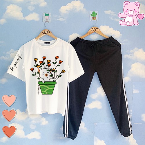 Set áo thun tay lửng quần kẻ 3 sọc, quần unisex 2 sọc C910