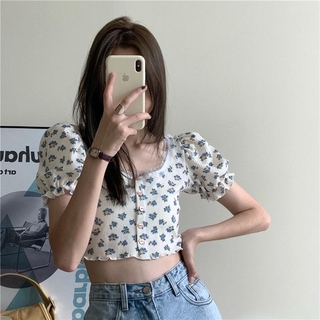 Retro Floral Pattern Short Sleeve Croptop Top