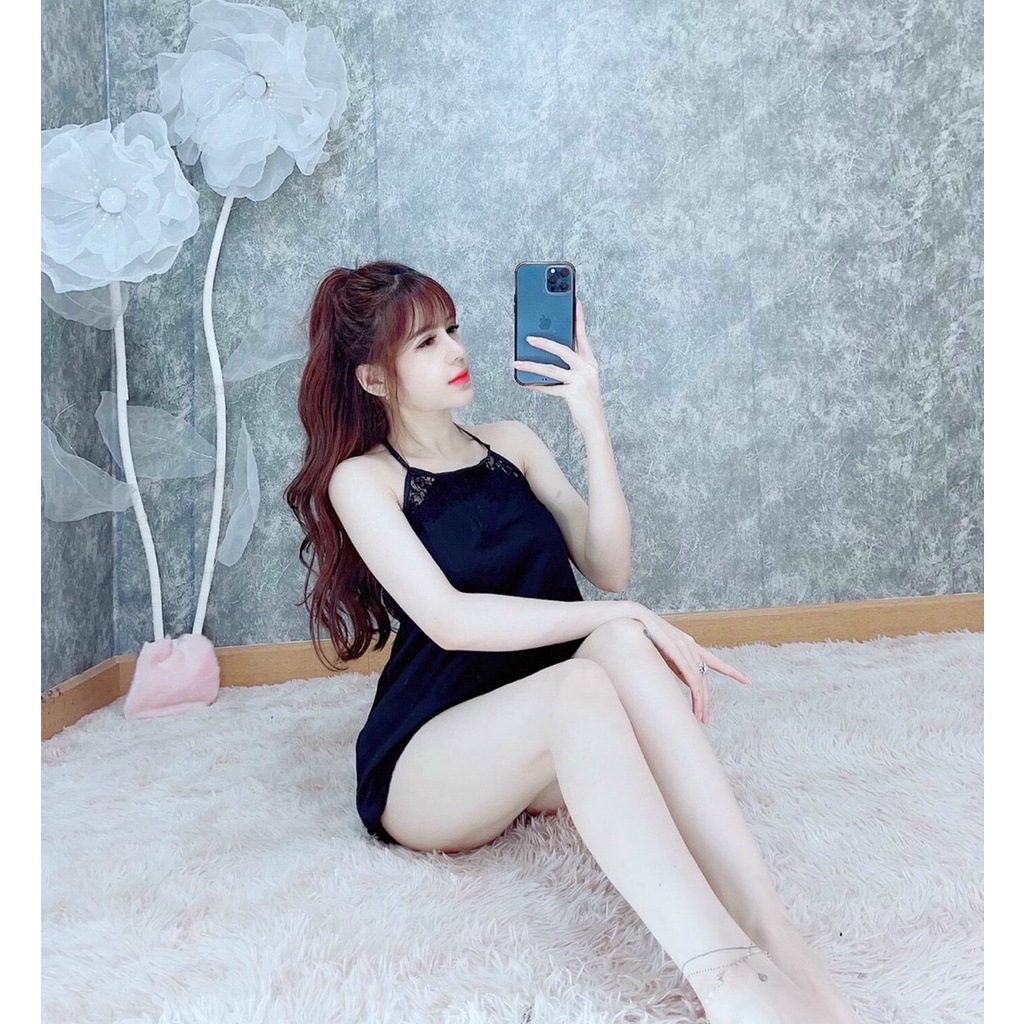 Đồ ngủ yếm phối ren, chất liệu lụa satin cao cấp, quần đùi ren gợi cảm, freesize dưới 65kg - SHOP HUYỀN TRANG