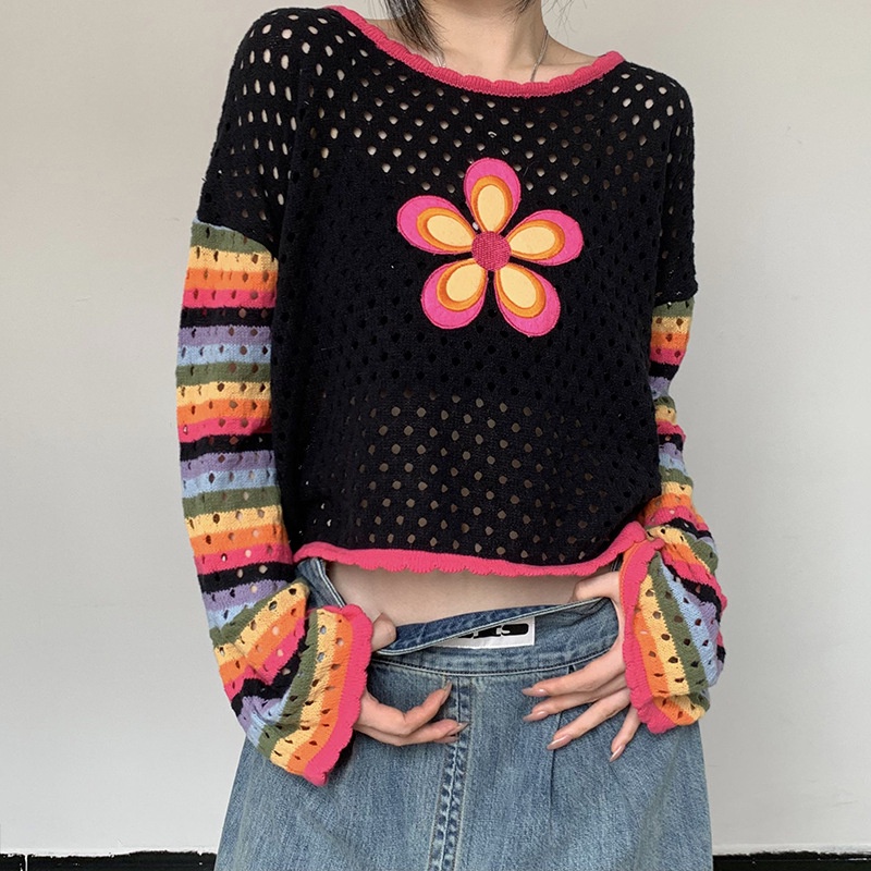 Áo Sweater Dệt Kim Tay Dài Cổ Tròn Dáng Rộng In Hoa Kiểu Đường Phố Thời Trang Cho Nữ