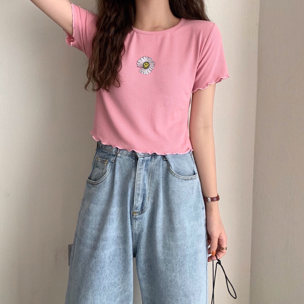 [HÌNH THẬT] ÁO CROPTOP  THUN ÔM BODY CO GIÃN - ÁO KIỂU CRT ULZANG NGẮN TAY TRƠN BASIC THÊU HOA CÚC 180