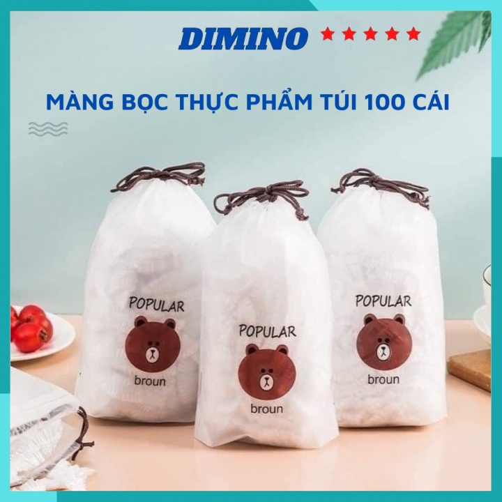 Màng bọc thực phẩm nilong PE có chun co giãn siêu dai túi đựng hình gấu set 50 và 100 chiếc tái sử dụng nhiều lần Dimino