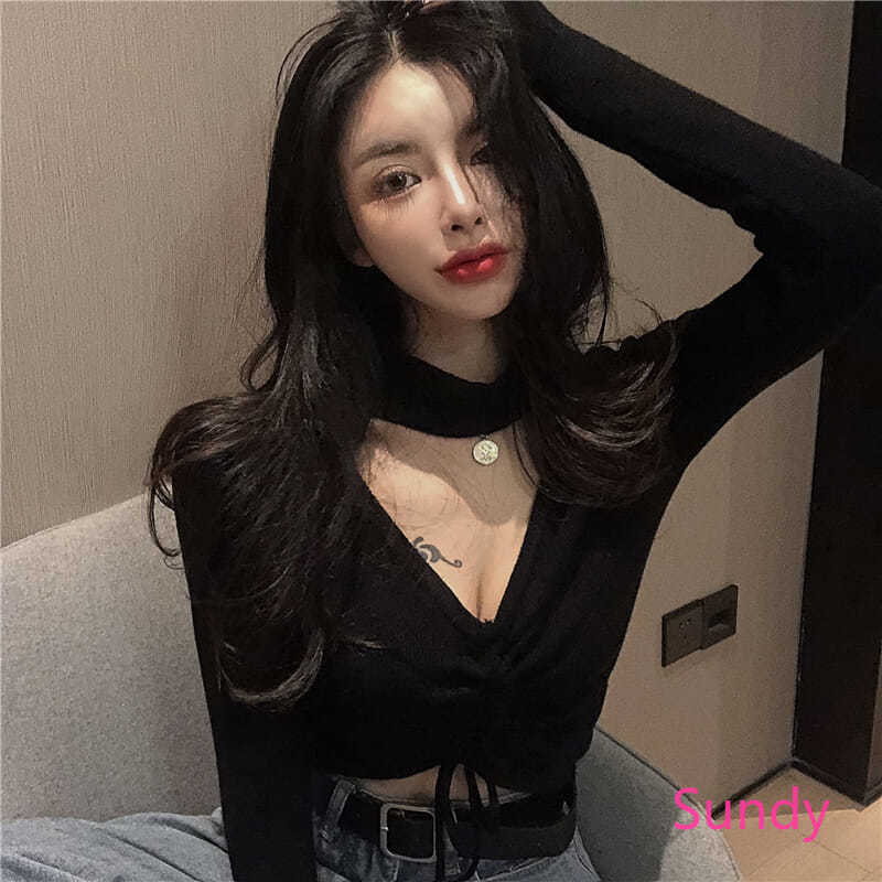 Áo croptop tay dài cổ chữ V thiết kế rút dây quyến rũ cho nữ