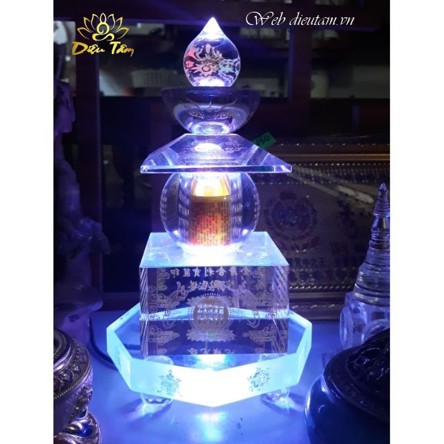 Tháp xá lợi pha lê có đèn led 8 biểu tượng cát tường đổi màu