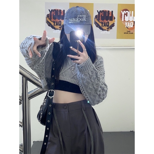 Set áo len nữ dáng ngắn croptop xám vặn thừng và quần cargo túi hộp ống rộng cạp cao hot ulzzang