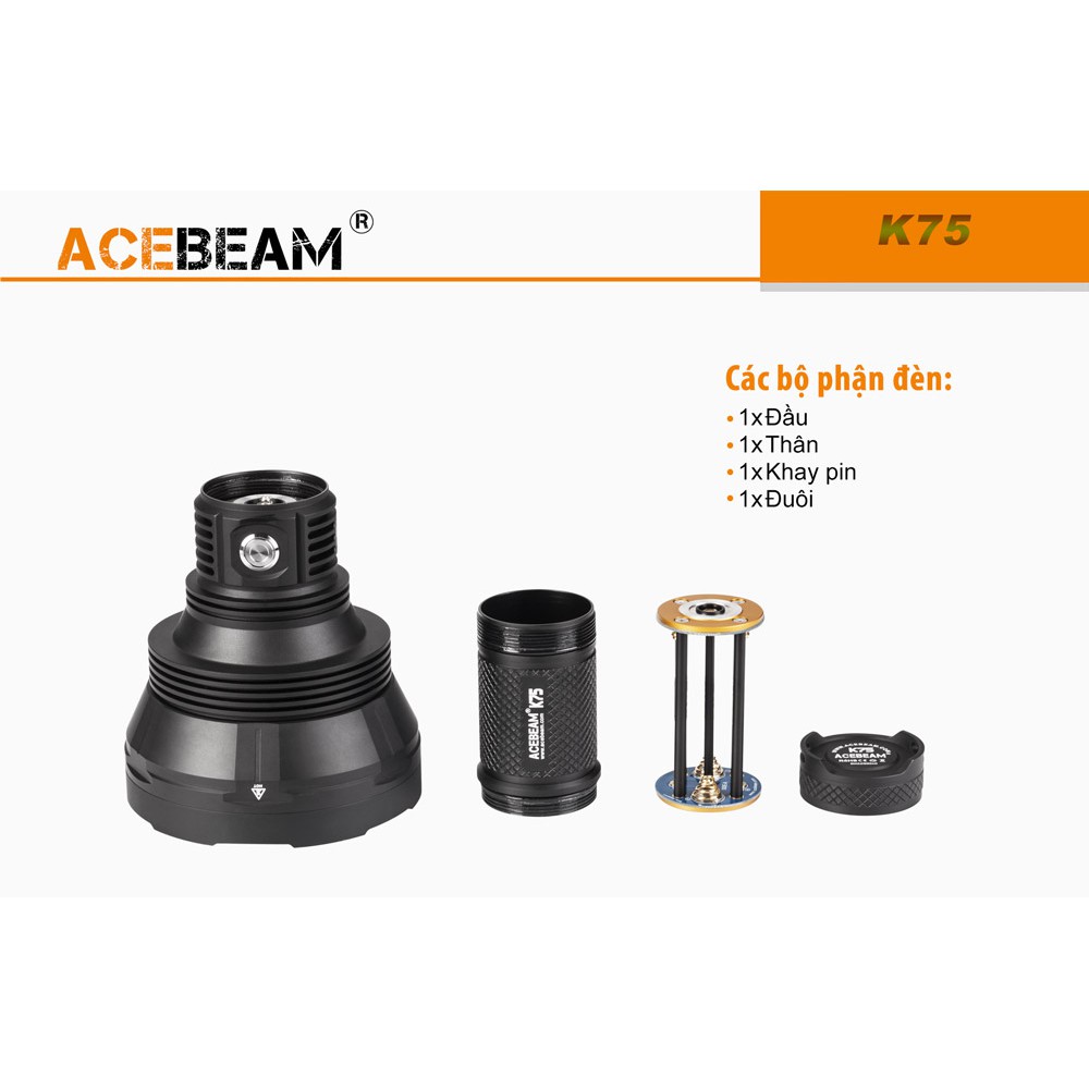 [SIÊU XA] [HÀNG ĐẦU TG] Đèn pin ACEBEAM K75 - Độ sáng 6500lm chiếu xa 2500m kèm 4 pin 18650 và sạc nhanh C4-12