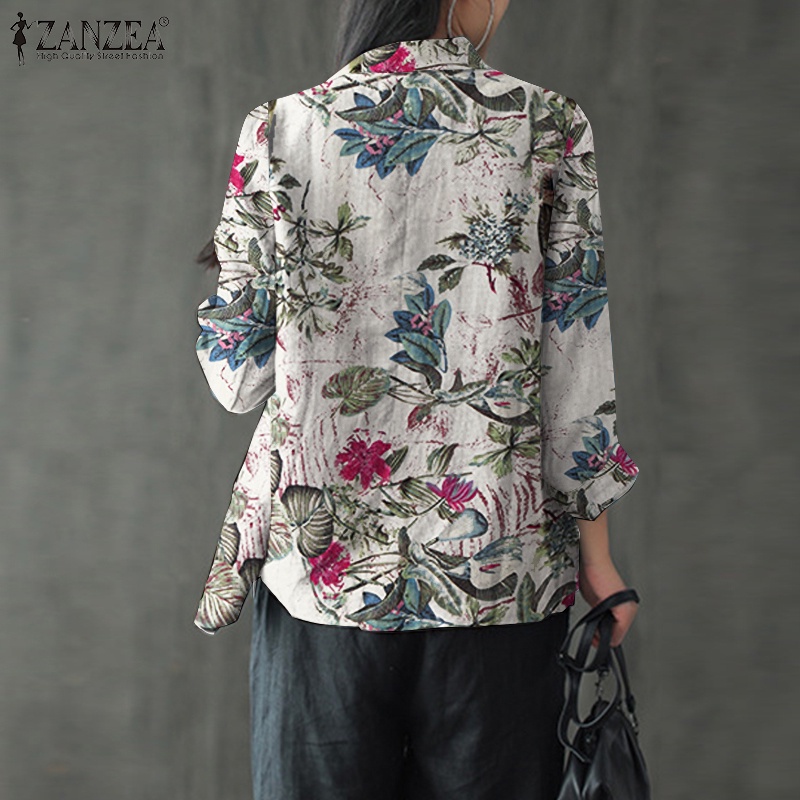 Áo khoác Blazer ZANZEA tay dài cài nút in hình hoa vải cotton thời cổ điển cơ bản cho nữ
