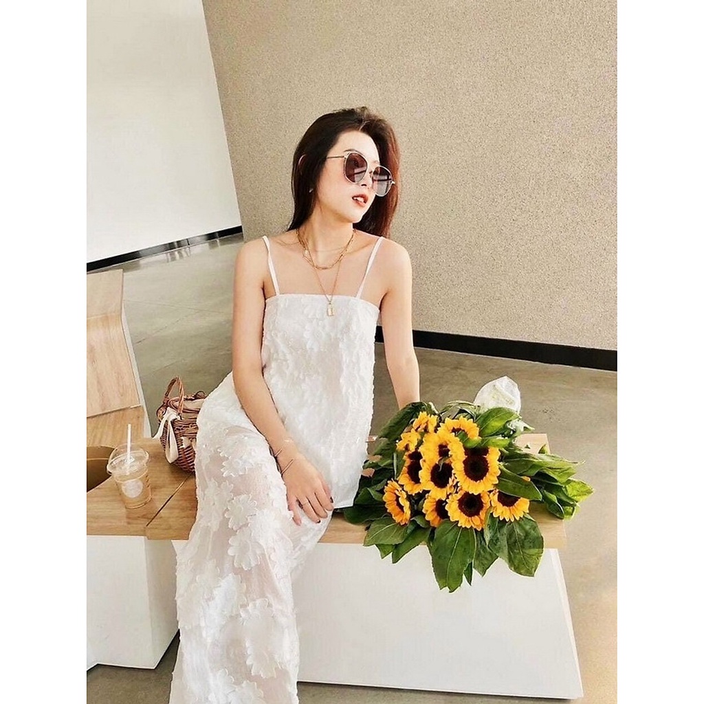 Set bộ áo 2 dây phối quần ống rộng vải ren đi biển - đi chơi cực xinh
