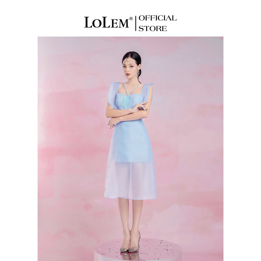 Đầm cổ vuông LOLEM DX343 form chữ A vải voan phối tơ organza mịn màng