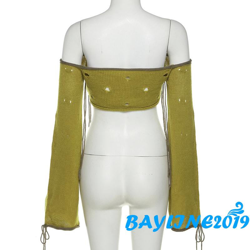 Áo Croptop Trễ Vai Tay Dài Thiết Kế Rách Cá Tính Cho Nữ