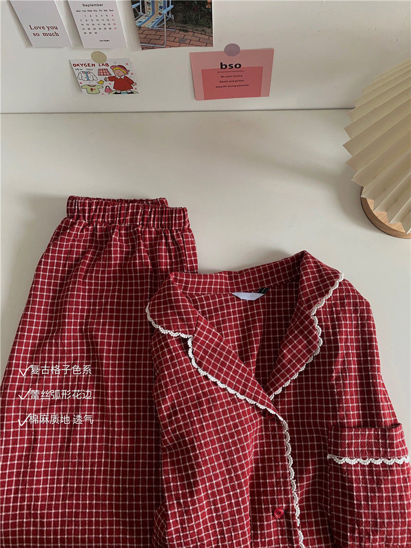 Bộ quần áo ngủ dài tay kẻ sọc caro phong cách Hàn Quốc cho nữ | BigBuy360 - bigbuy360.vn