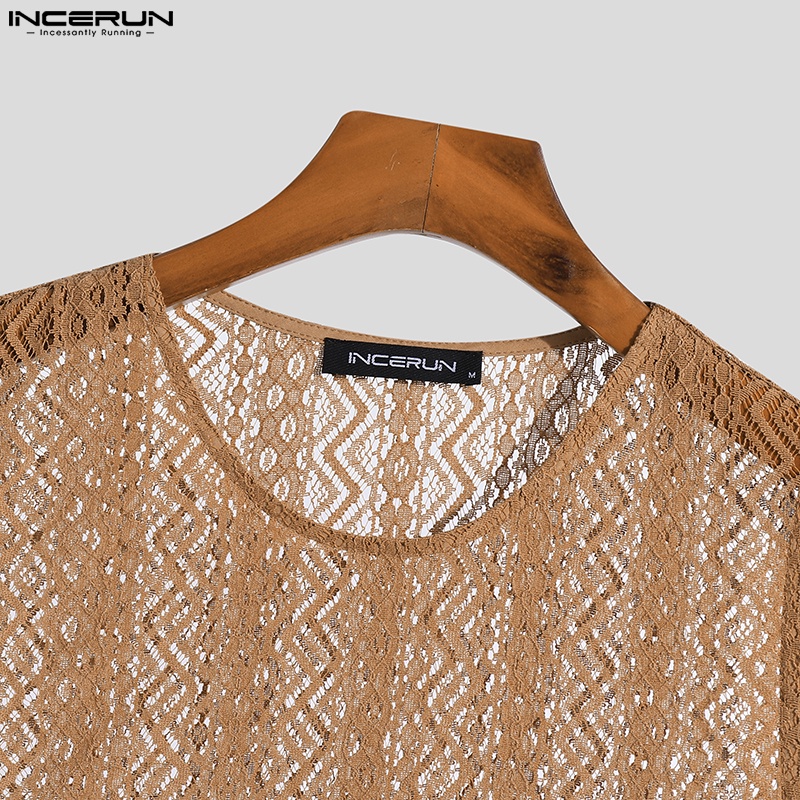 INCERUN Áo Ba Lỗ Nam Phối Ren Hoa Trong Suốt Thời Trang Mùa Hè