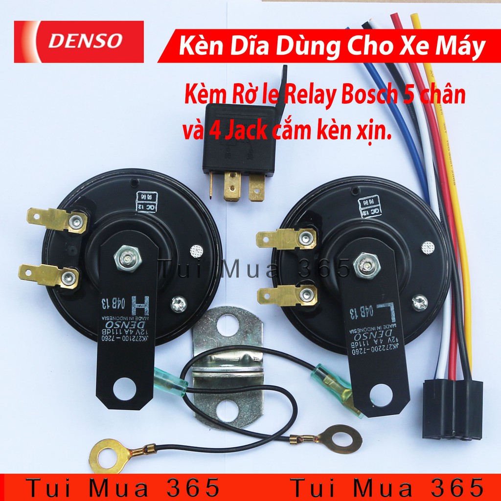 Cặp Kèn Dĩa Denso Dùng Cho Xe Máy Made In Indonesia Kèm Rờ le Relay Bosch 5 chân và 4 Jack cắm kèn xịn