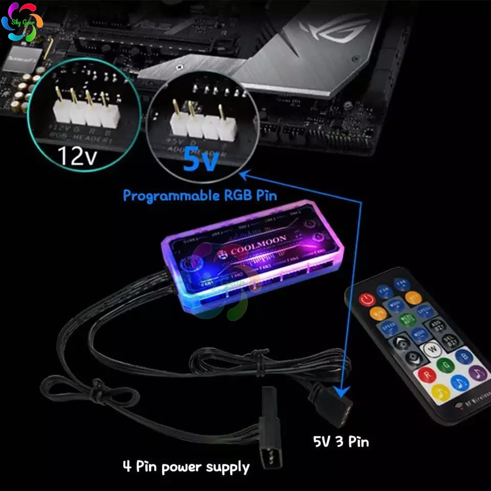 Bộ hub Coolmoon RGB sync main 5v 3 pin, nháy led theo nhạc, nhiều chế độ led tùy chỉnh
