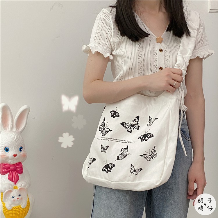 TÚI TOTE ĐEO CHÉO DÂY RÚT [CÓ KHÓA & LÓT BÊN TRONG] - VẢI CANVAS MÀU TRẮNG - ĐEN - PHONG CÁCH ULZZANG