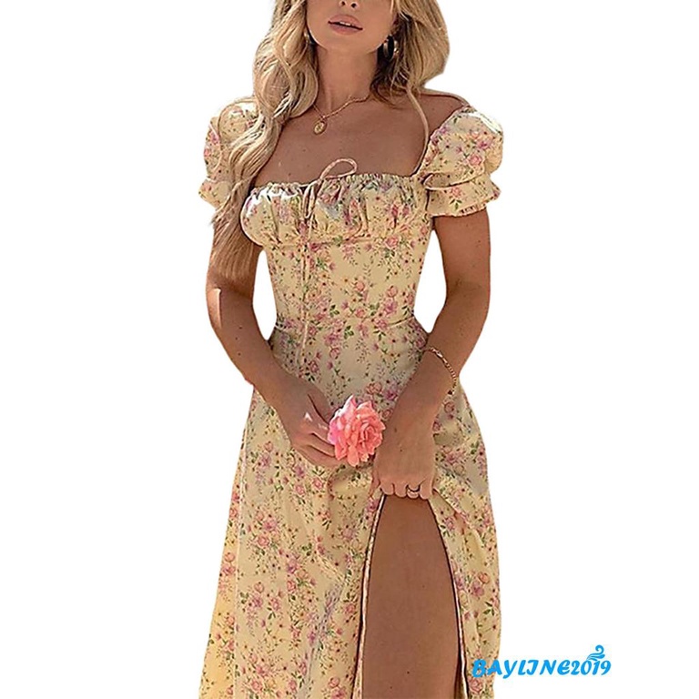 Đầm tay ngắn phồng dáng dài in họa tiết hoa thời trang cho nữ