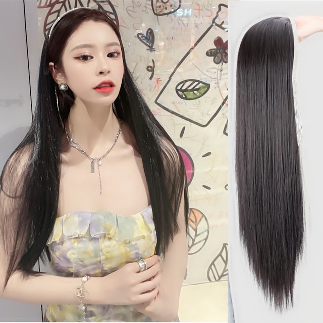 Băng Đô Đội Đầu Kiểu Tóc Giả Dài Thẳng Màu Đen Tự Nhiên Đính Đá Thời Trang Dành Cho Nữ