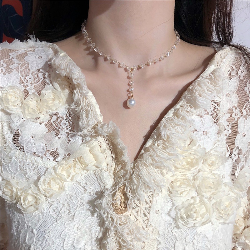 Vòng cổ Dáng Ngắn Đính Pha Lê Trong Suốt Phối Ngọc Trai Thời Trang Chất Lượng Cao Cho Nữ