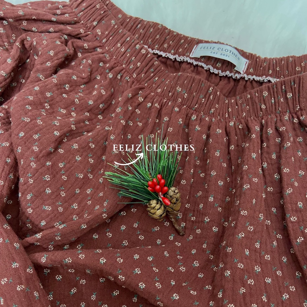 Áo babydoll dài tay hoạ tiết hoa nhí màu đỏ mận cực đáng yêu