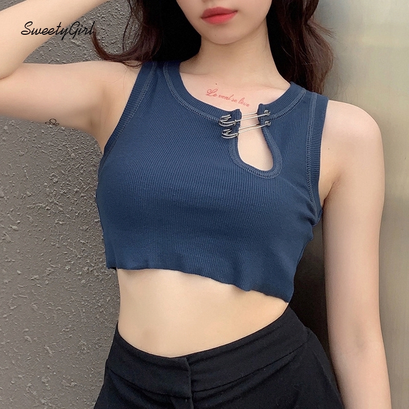 Áo Thun Ba Lỗ Cổ Tròn Phối Ghim Cài Thời Trang Cho Nữ