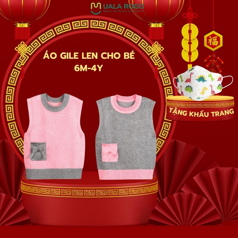 Áo gile len cho bé gái Uala rogo 6 tháng - 4 tuổi cổ tròn dễ phối đồ dày dặn giữ ấm túi nơ 7025