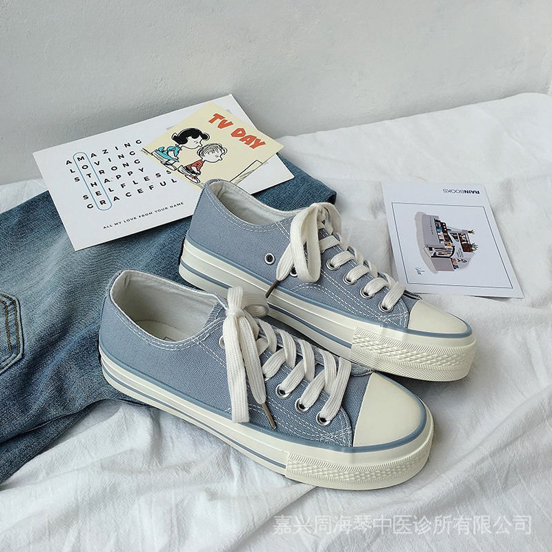 Giày Thể Thao Canvas Đế Bằng Màu Xanh Da Trời Nhạt Thời Trang Mùa Hè 48 Giờ 2022 Cho Nữ