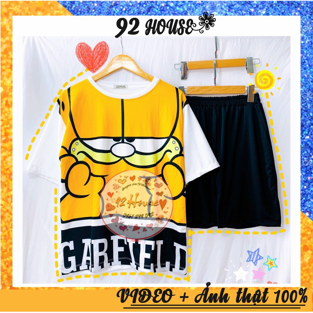 Bộ đồ hoạt hình mèo vàng unisex form rộng tay lỡ