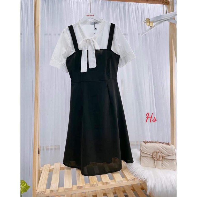 Set bộ đồ nữ CARY, áo sơ mi cột nơ kèm yếm siêu xinh