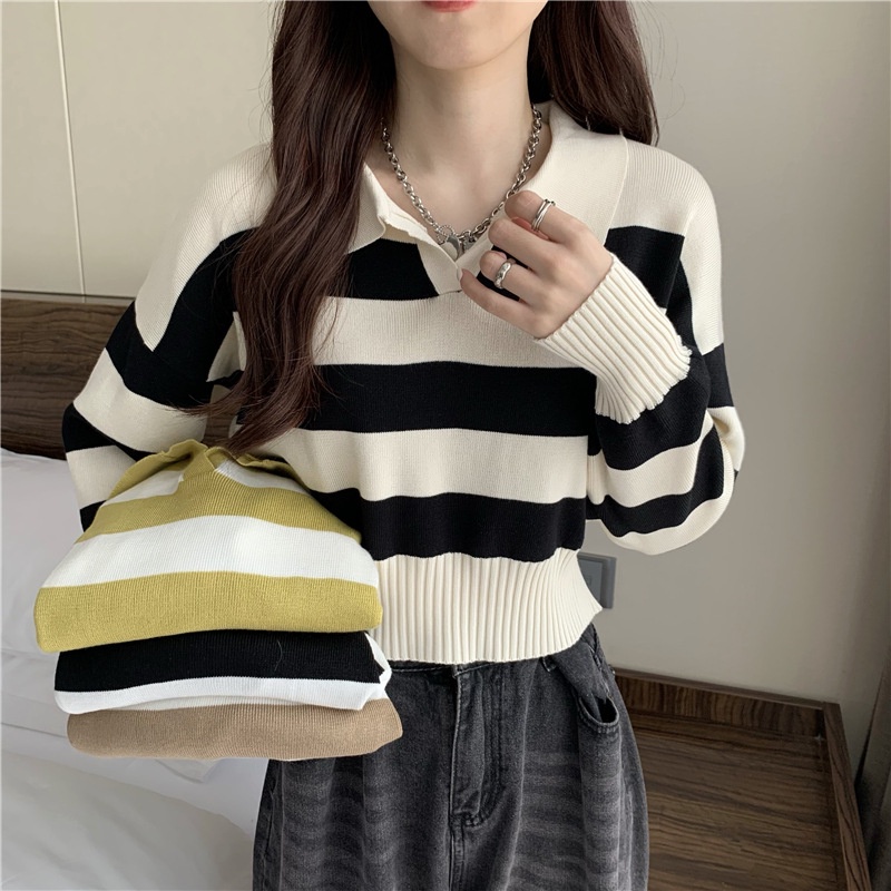 Áo Len Kẻ Polo Cổ Bẻ Áo Len Nữ Dài Tay Kẻ To Hàng Quảng Châu Chất Xịn Đẹp - TG44