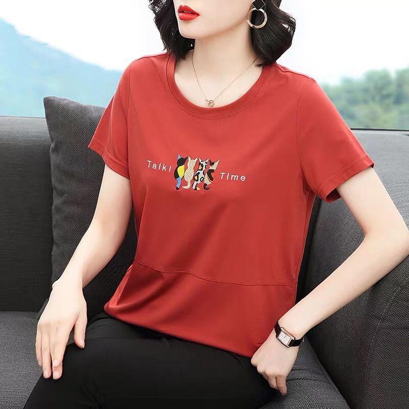 Áo Thun Tay Ngắn Dáng Rộng Màu Trơn In Họa Tiết Thời Trang Cho Nữ Trung Niên