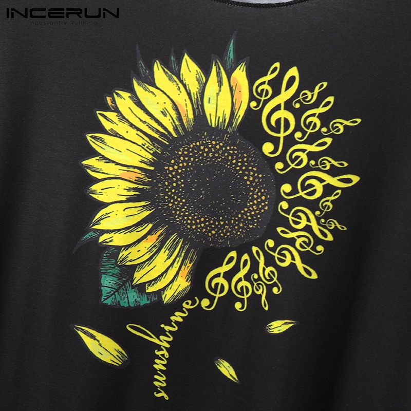 INCERUN Áo Thun Nam Ngắn Tay Cổ Tròn In Hoa
