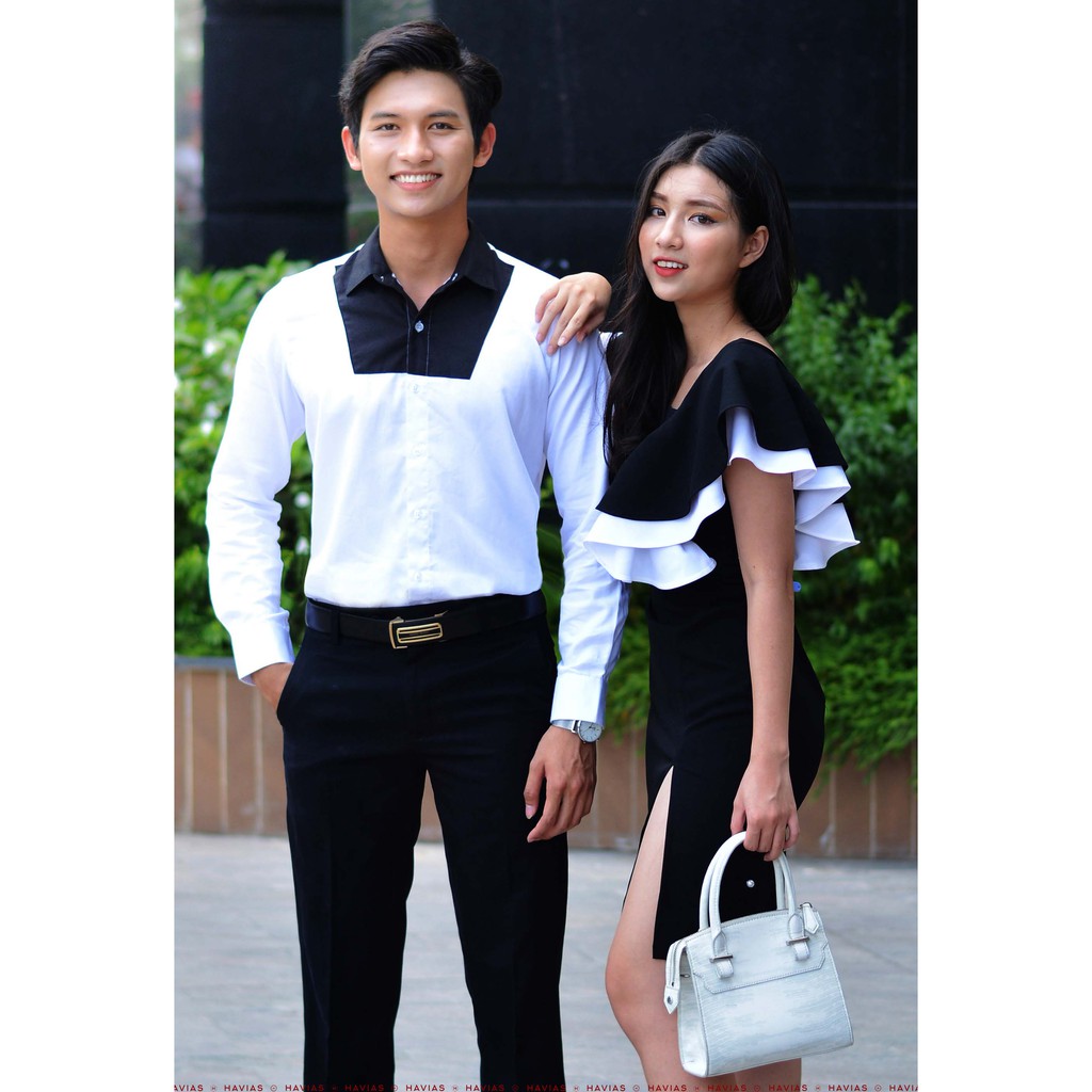 Đồ đôi Đầm Sơ Mi Couple Black Chest White Shirt &amp; Pearls Line Dress HAVIAS