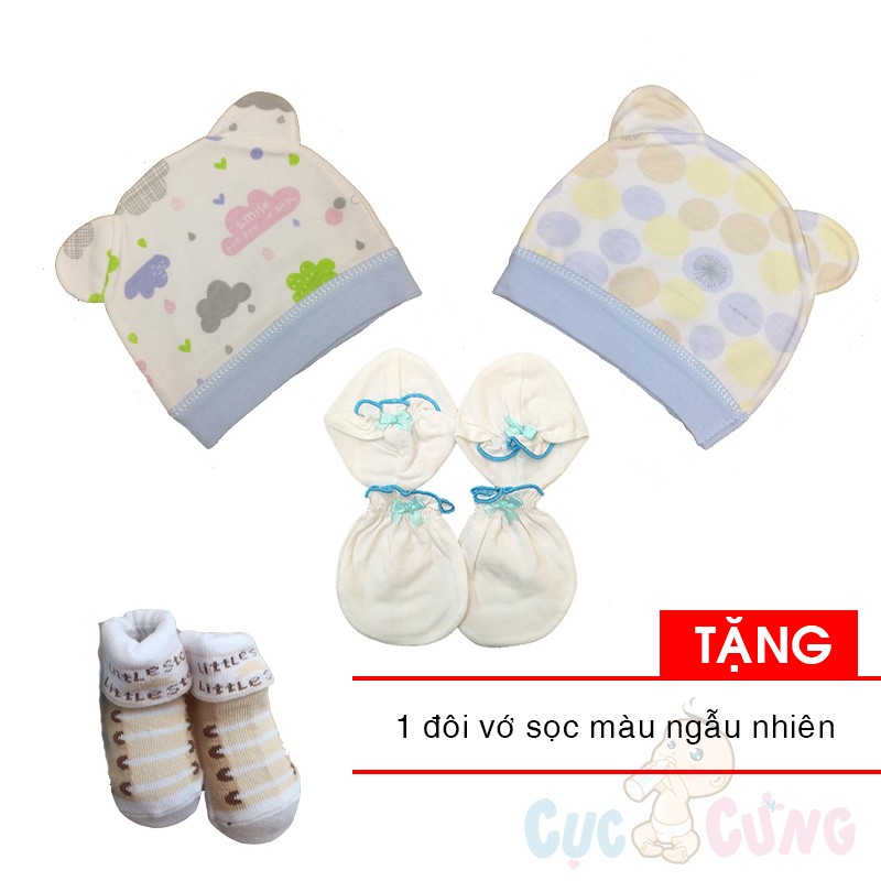 Combo 2 nón sơ sinh cho bé  (bé trai) +  bao tay bao chân trắng viền màu TẶNG 1 đôi vớ cho bé sọc