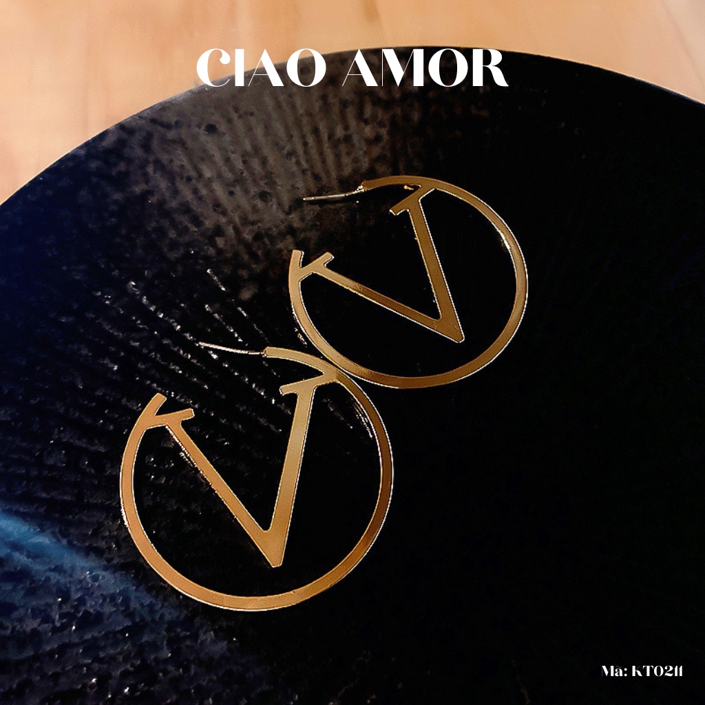 KT0211-Khuyên tai nữ, Hoa tai bạc 925 sang trọng tròn to chữ V Trang sức Ciao Amor
