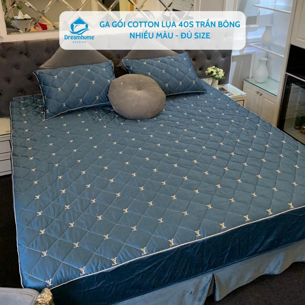 Bộ ga gối trần bông cotton lụa 40s trơn màu, ga chun đủ size nệm cao Dreamhome