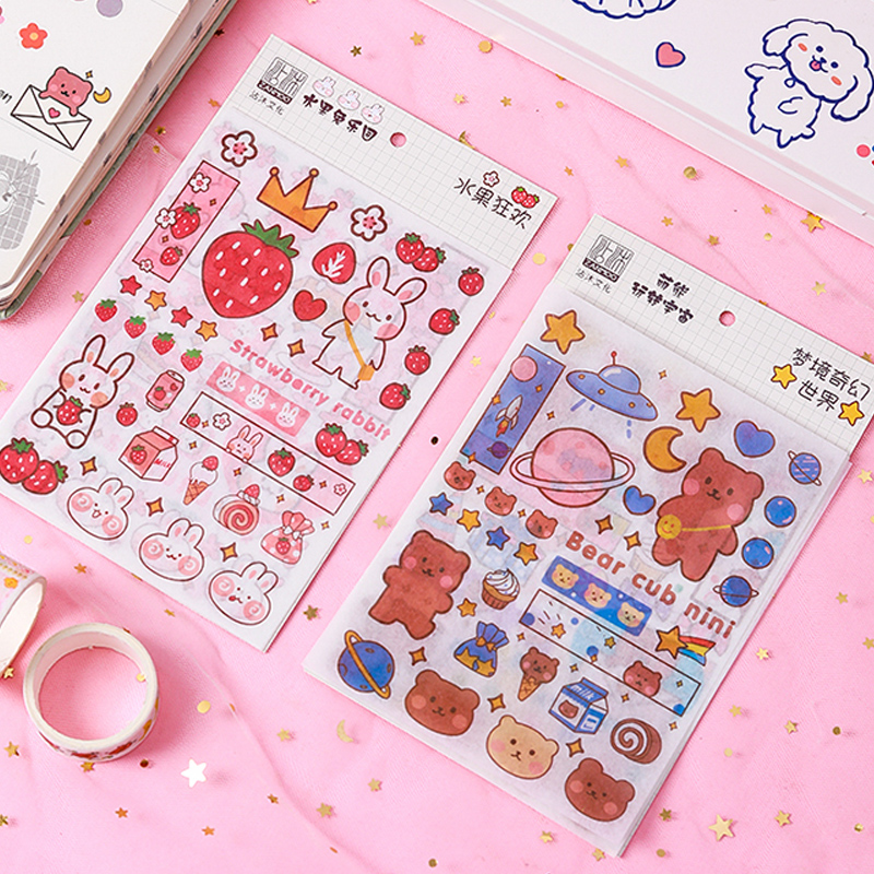 Bộ 4 tờ miếng dán trang trí họa tiết gấu/thỏ hoạt hình phong cách Nhật Bản đáng yêu