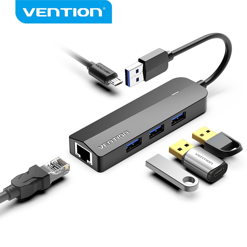 Đầu chia cổng cắm HUB Vention Usb sang RJ45 Ethernet Gigabit tốc độ cao 10/100/1000Mbps 4 cổng cắm USB 3.0 2.0