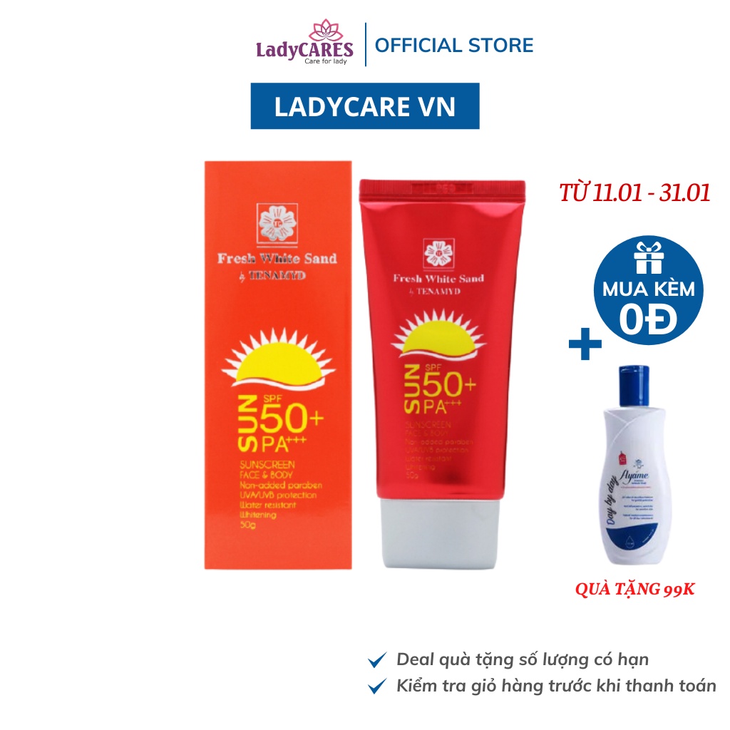 Kem chống nắng Tenamyd Fresh White Sand spf 50+/pa+++ tuýt 50g - Tặng kèm 1 khăn nén