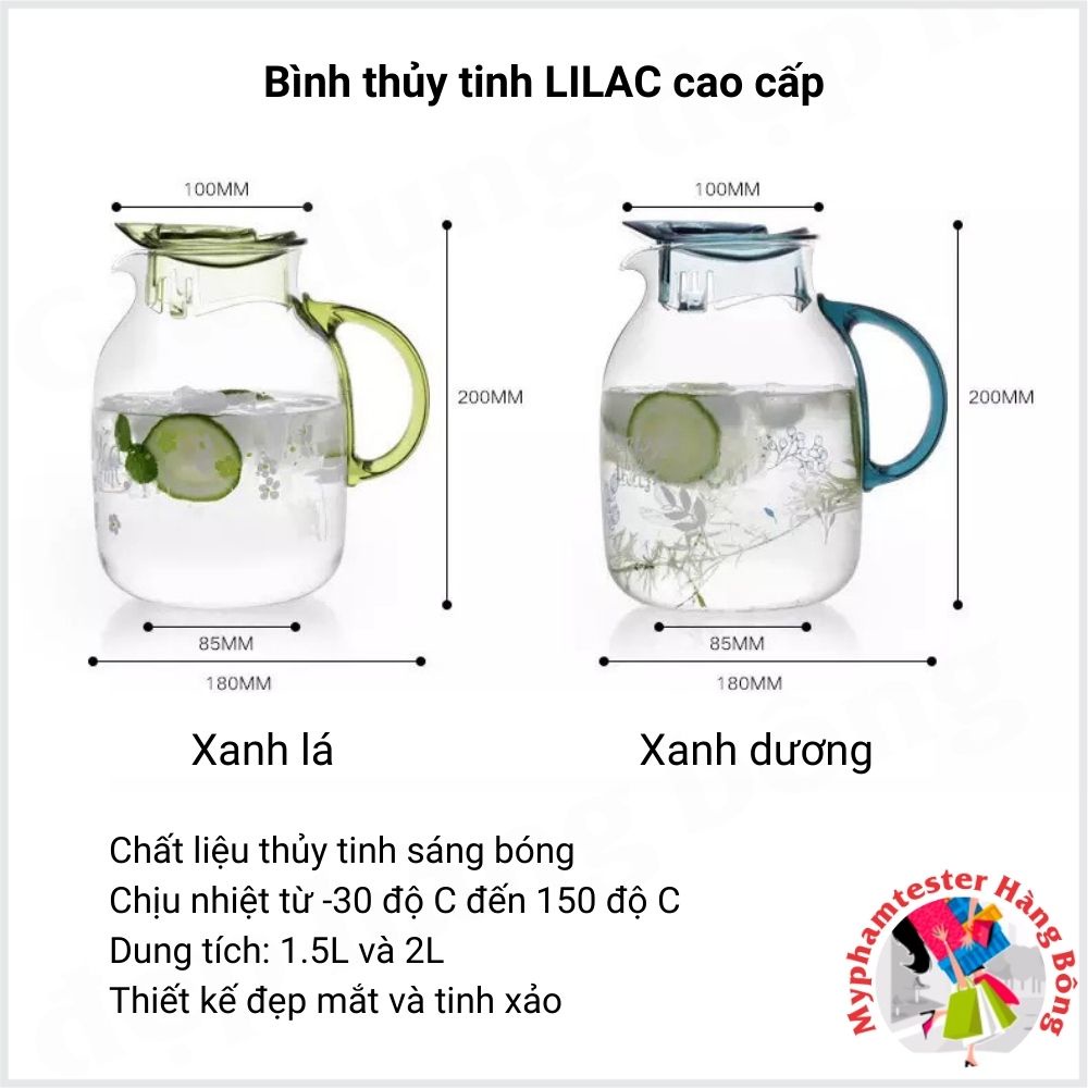 Bình đựng nước thuỷ tinh chịu nhiệt LiLac hoa văn cao cấp (họa tiết ngẫu nhiên)