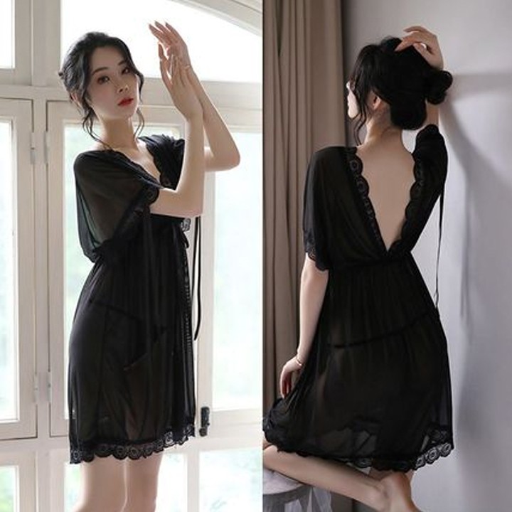 Váy ngủ lụa xuyên thâu sexy cao cấp  dáng thắt eo tặng quần chip lọt khe