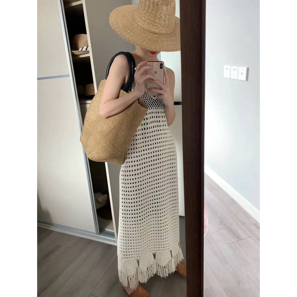Đầm Dài Hai Dây Dệt Kim Khoét Lỗ Phong Cách Retro Dành Cho Nữ Đi Biển